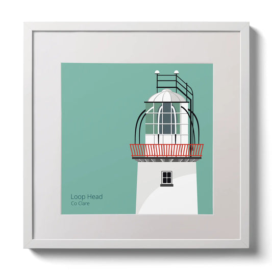 Illustration of Loop Head lighthouse on an ocean green background,  in a white square frame measuring 30x30cm.