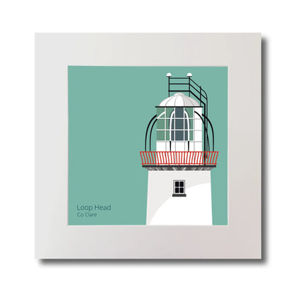 Illustration of Loop Head lighthouse on an ocean green background, mounted and measuring 30x30cm.