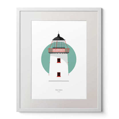 Illustration of Clare Island lighthouse on a white background inside light blue square,  in a white frame measuring 40x50cm.