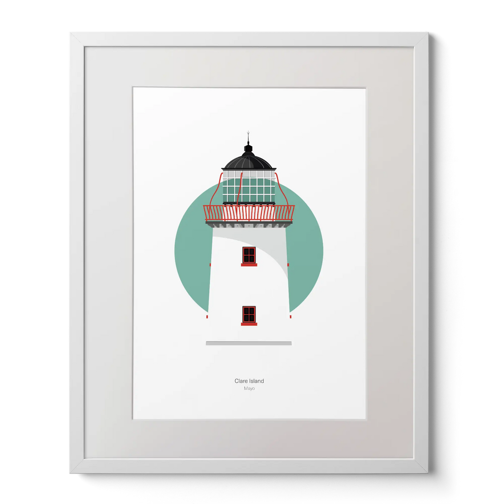 Illustration of Clare Island lighthouse on a white background inside light blue square,  in a white frame measuring 40x50cm.