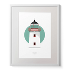 Illustration of Clare Island lighthouse on a white background inside light blue square,  in a white frame measuring 40x50cm.