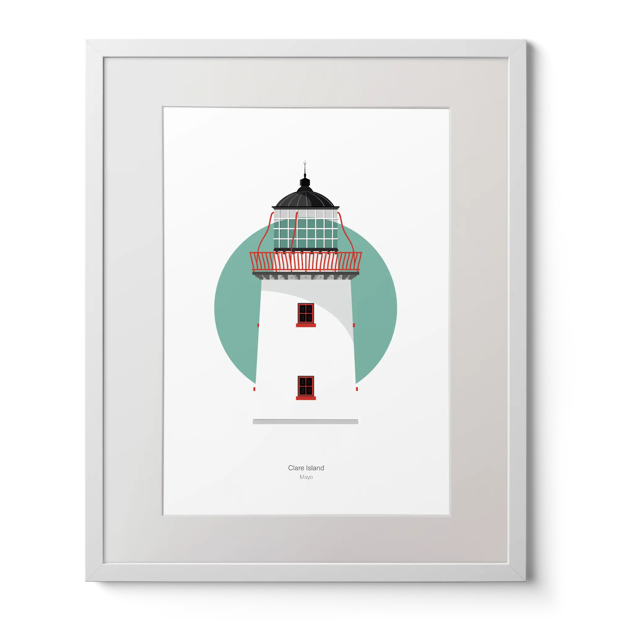 Illustration of Clare Island lighthouse on a white background inside light blue square,  in a white frame measuring 40x50cm.