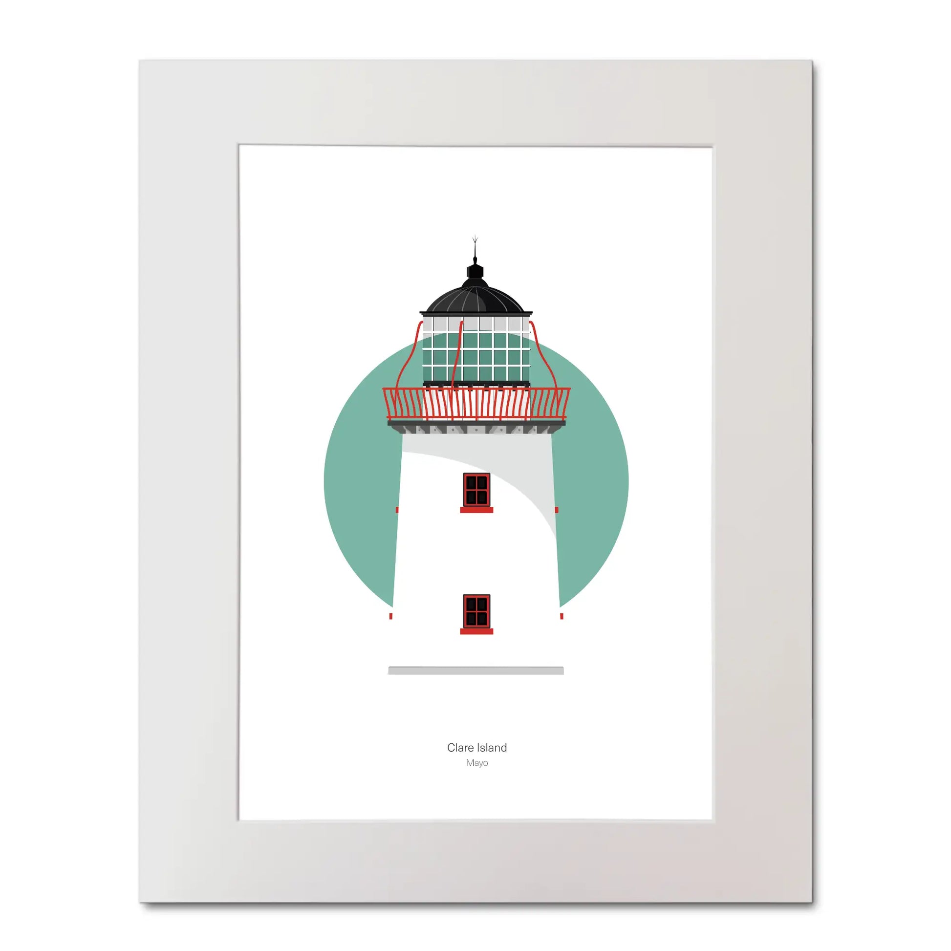 Illustration of Clare Island lighthouse on a white background inside light blue square, mounted and measuring 40x50cm.