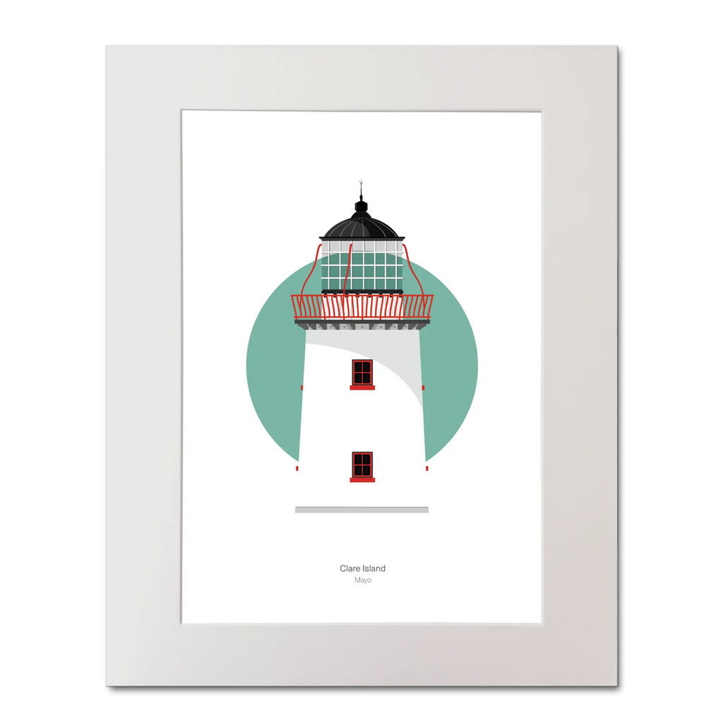 Illustration of Clare Island lighthouse on a white background inside light blue square, mounted and measuring 40x50cm.