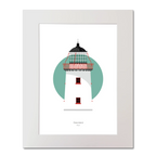 Illustration of Clare Island lighthouse on a white background inside light blue square, mounted and measuring 40x50cm.