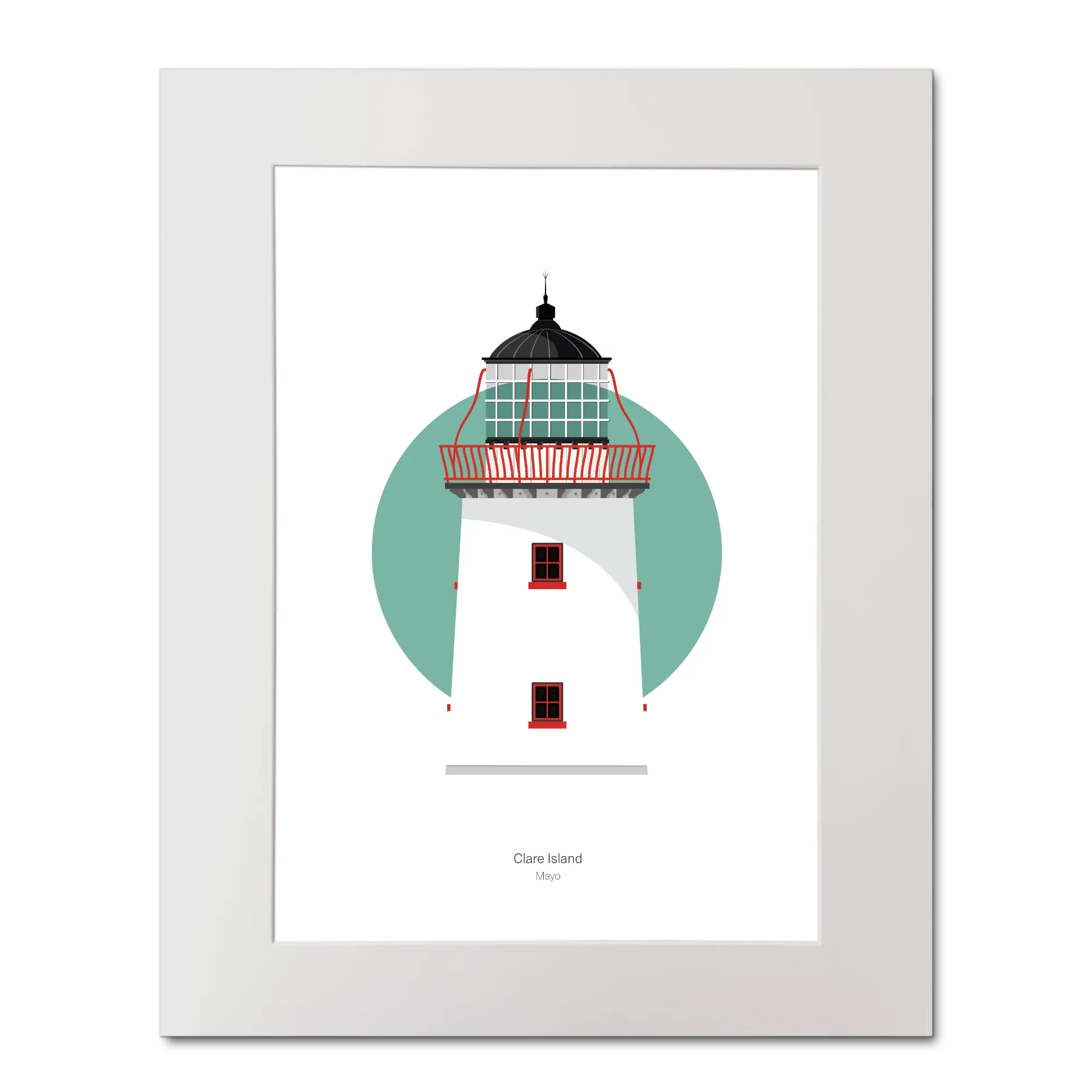 Illustration of Clare Island lighthouse on a white background inside light blue square, mounted and measuring 40x50cm.