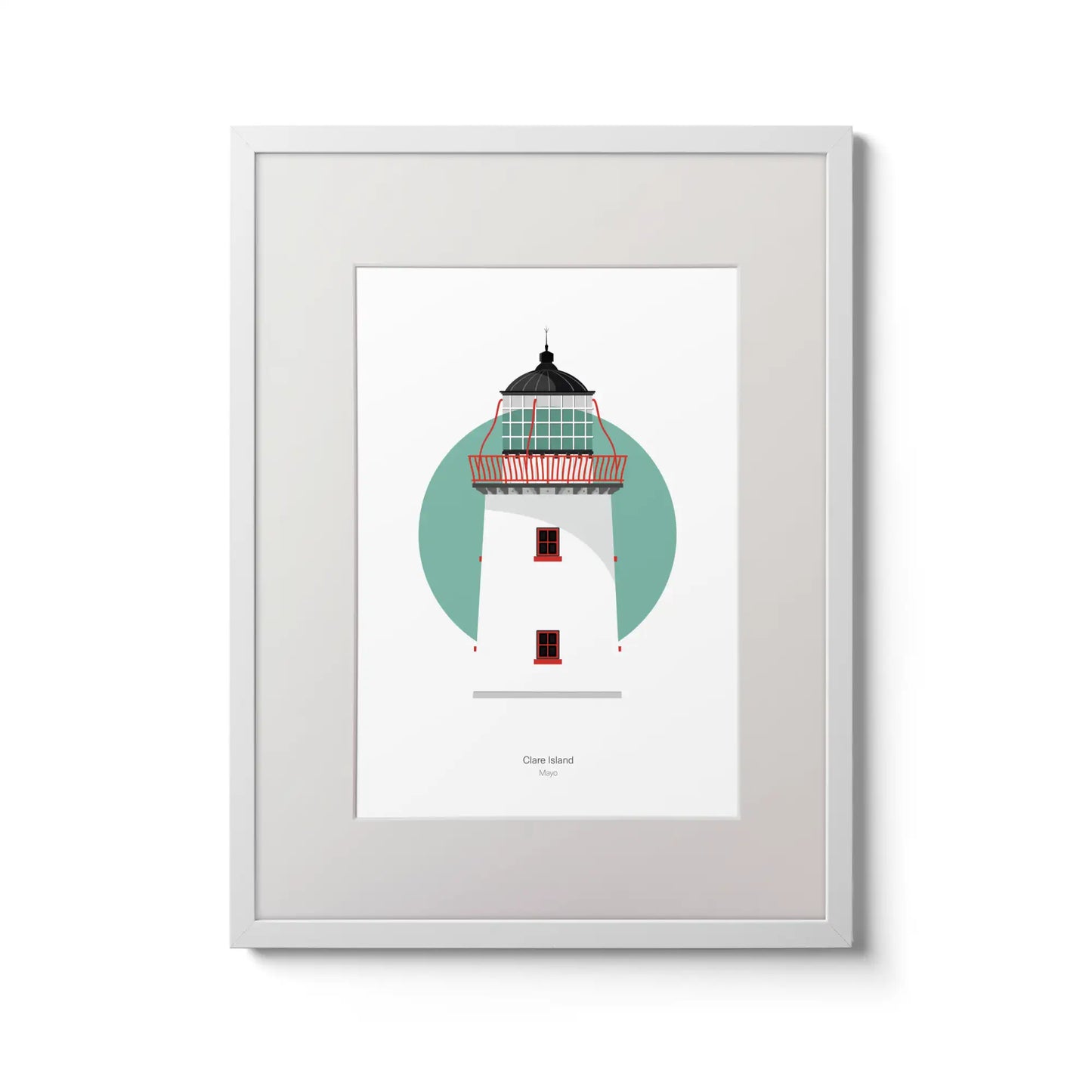 Illustration of Clare Island lighthouse on a white background inside light blue square,  in a white frame measuring 30x40cm.