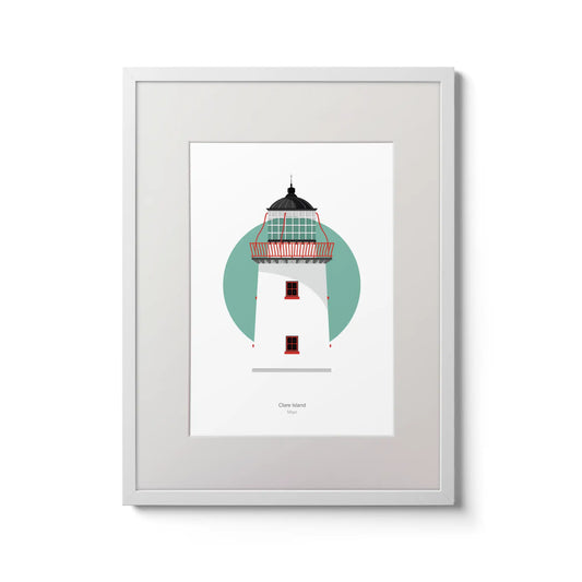 Illustration of Clare Island lighthouse on a white background inside light blue square,  in a white frame measuring 30x40cm.