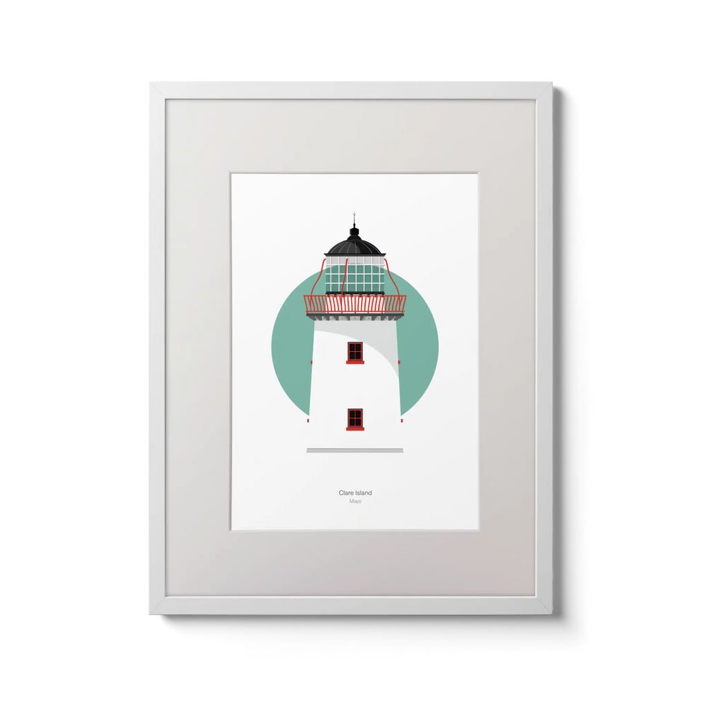 Illustration of Clare Island lighthouse on a white background inside light blue square,  in a white frame measuring 30x40cm.