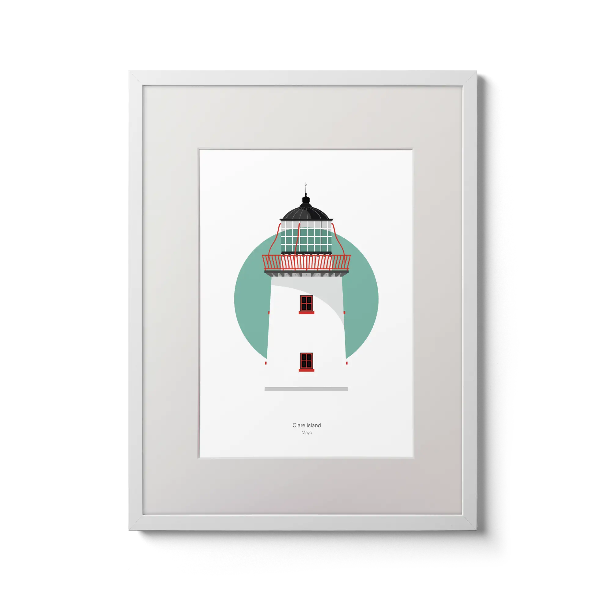 Illustration of Clare Island lighthouse on a white background inside light blue square,  in a white frame measuring 30x40cm.