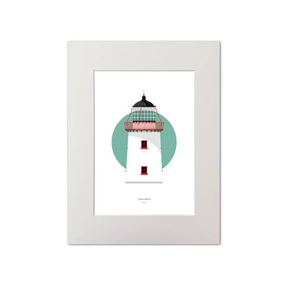 Illustration of Clare Island lighthouse on a white background inside light blue square, mounted and measuring 30x40cm.