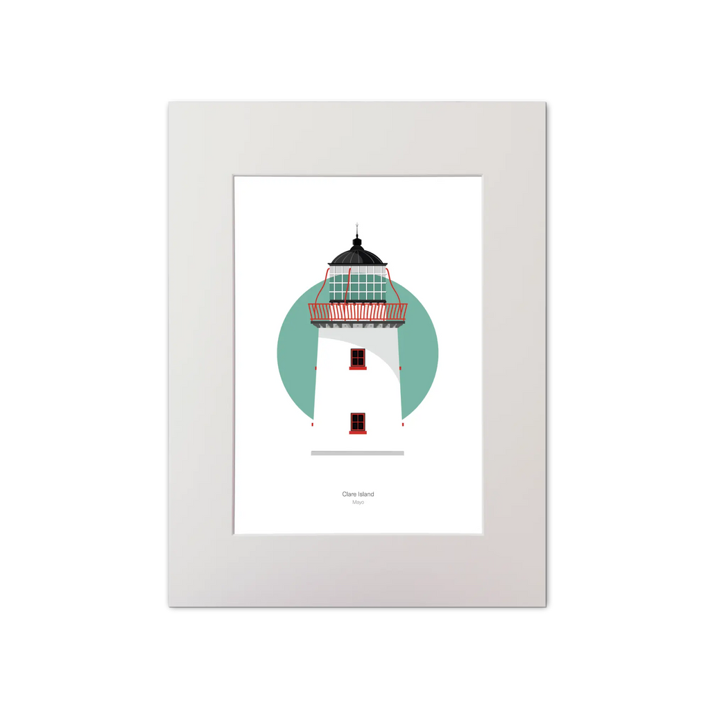 Illustration of Clare Island lighthouse on a white background inside light blue square, mounted and measuring 30x40cm.