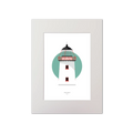 Illustration of Clare Island lighthouse on a white background inside light blue square, mounted and measuring 30x40cm.