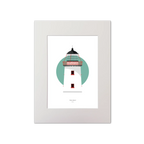 Illustration of Clare Island lighthouse on a white background inside light blue square, mounted and measuring 30x40cm.