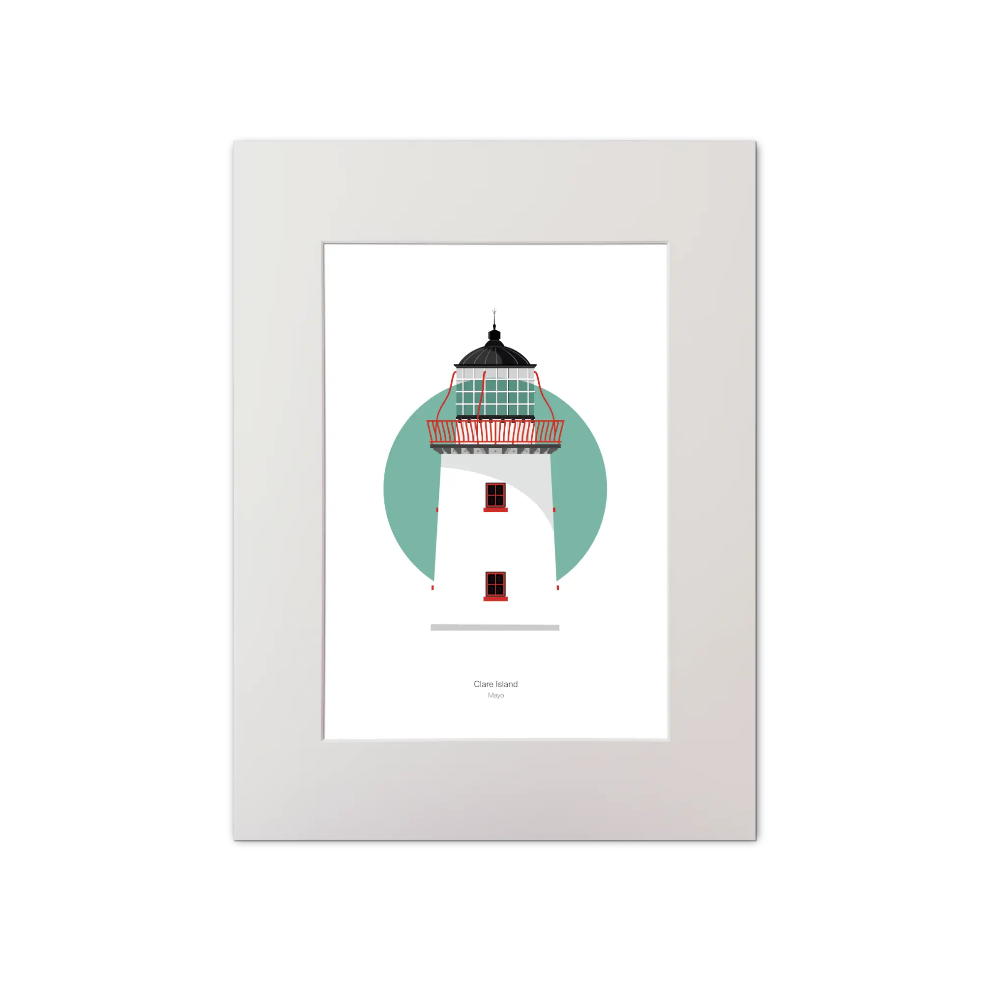 Illustration of Clare Island lighthouse on a white background inside light blue square, mounted and measuring 30x40cm.