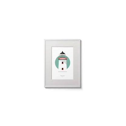 Illustration of Clare Island lighthouse on a white background inside light blue square,  in a white frame measuring 15x20cm.