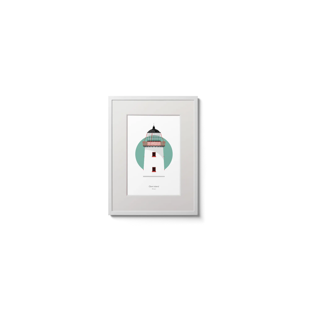 Illustration of Clare Island lighthouse on a white background inside light blue square,  in a white frame measuring 15x20cm.