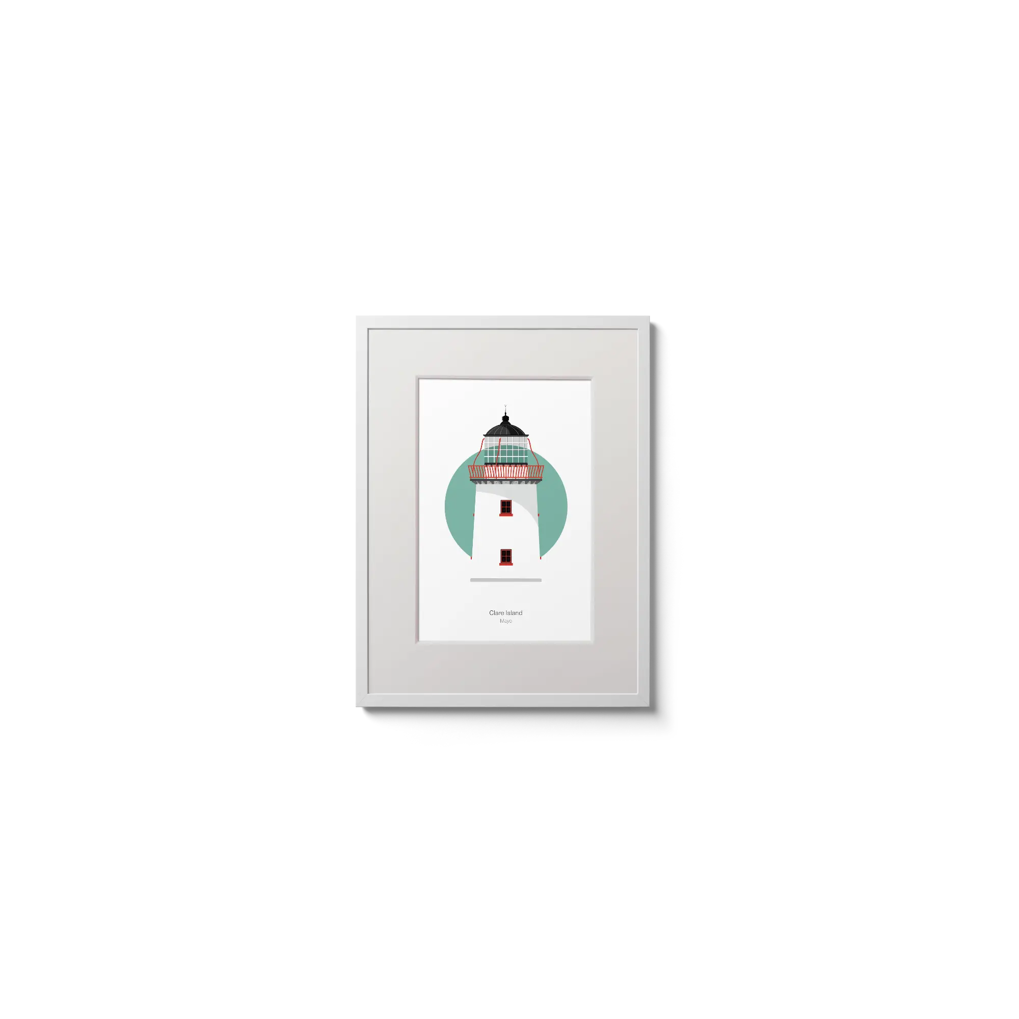 Illustration of Clare Island lighthouse on a white background inside light blue square,  in a white frame measuring 15x20cm.