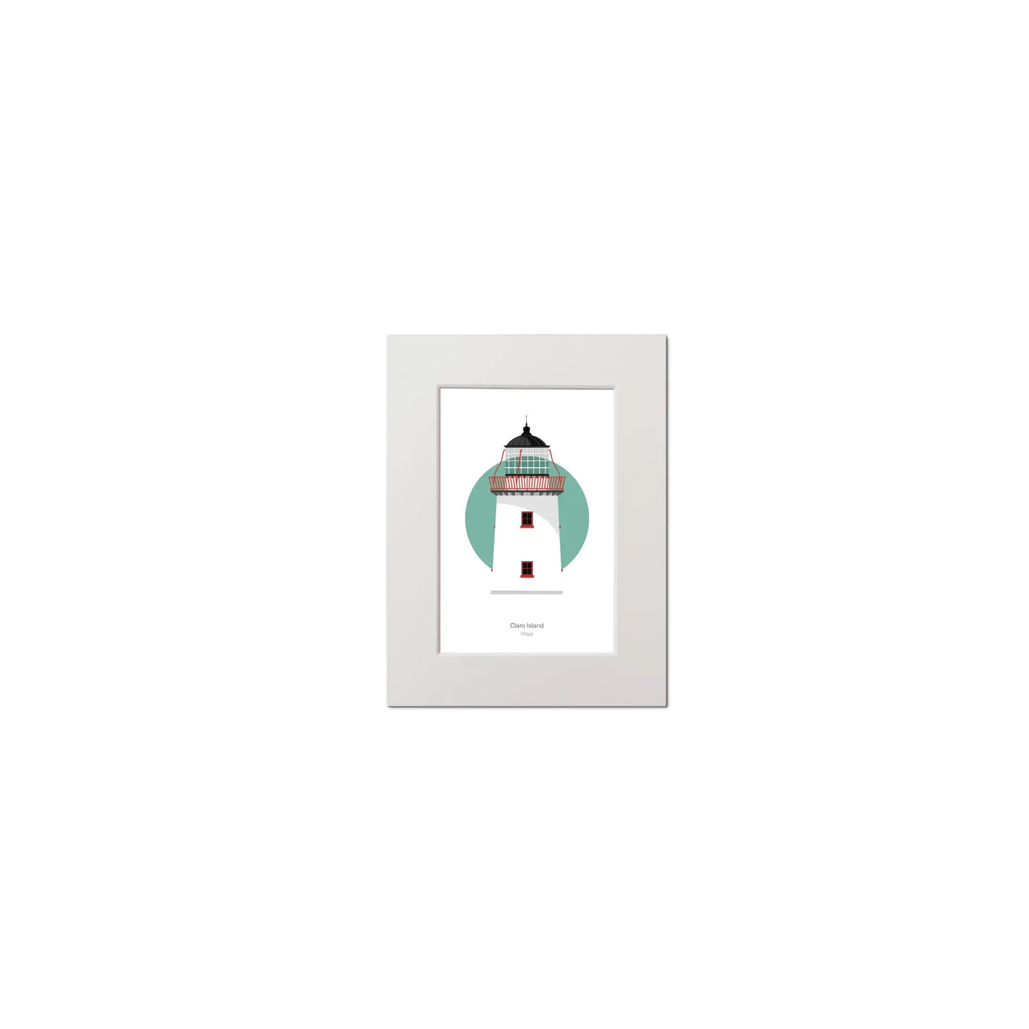 Illustration of Clare Island lighthouse on a white background inside light blue square, mounted and measuring 15x20cm.