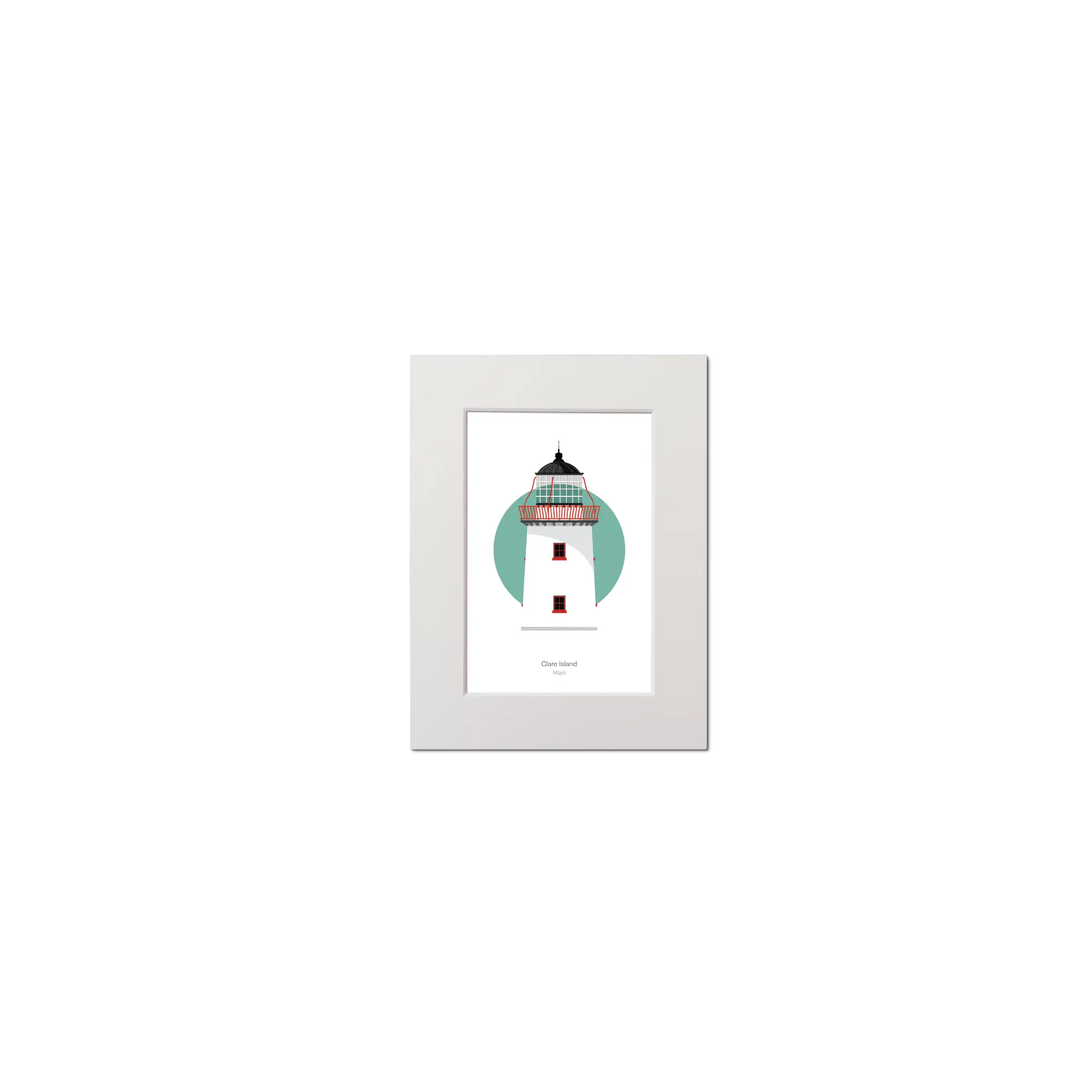 Illustration of Clare Island lighthouse on a white background inside light blue square, mounted and measuring 15x20cm.