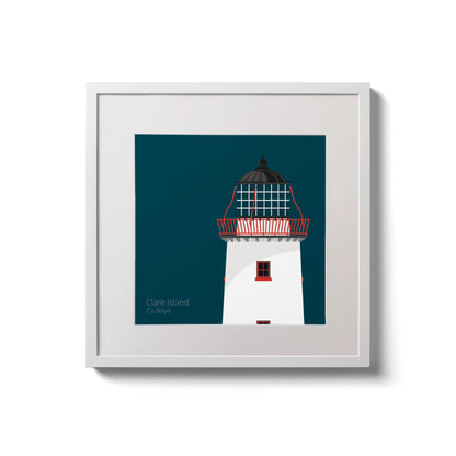 Illustration of Clare Island lighthouse on a midnight blue background,  in a white square frame measuring 20x20cm.