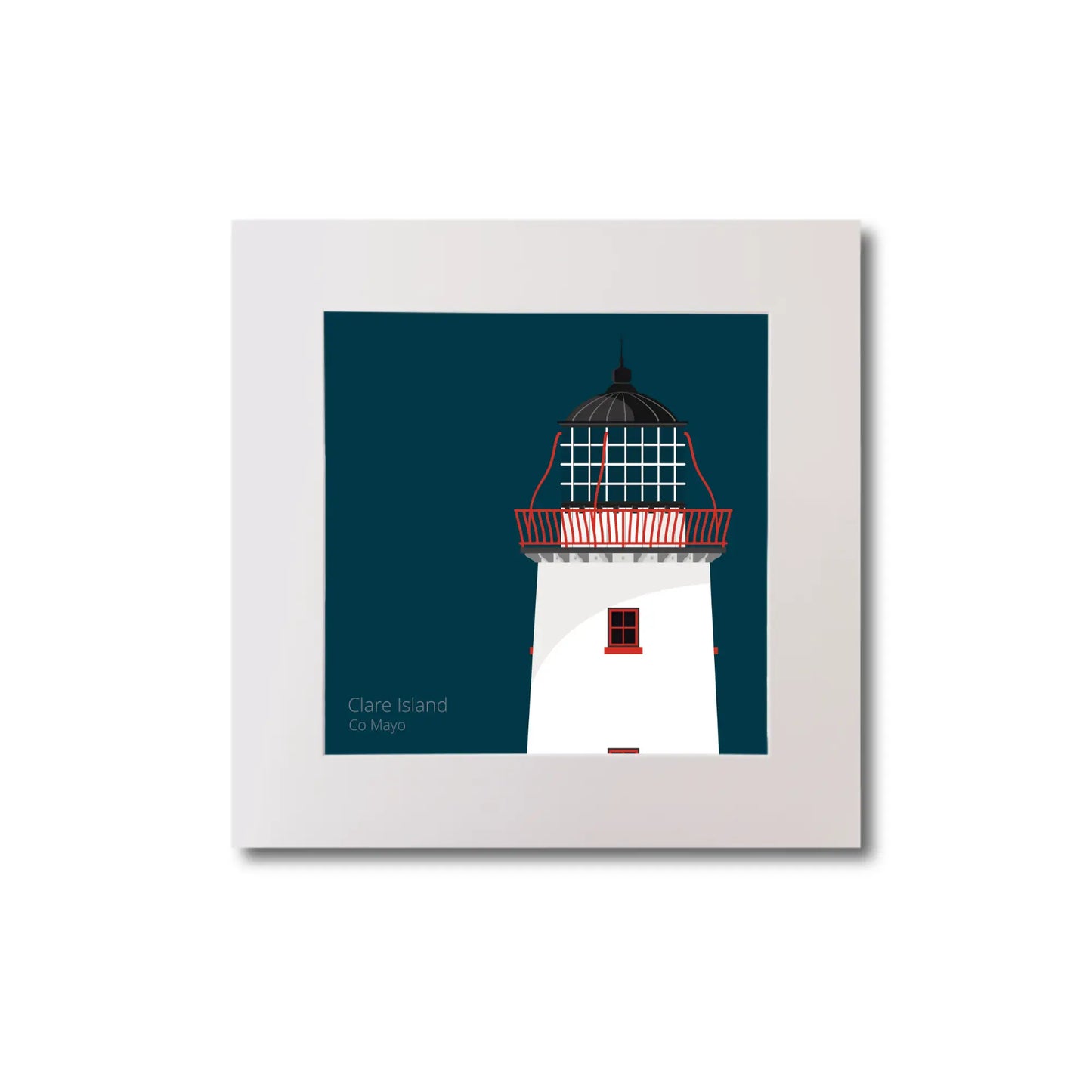 Illustration of Clare Island lighthouse on a midnight blue background, mounted and measuring 20x20cm.