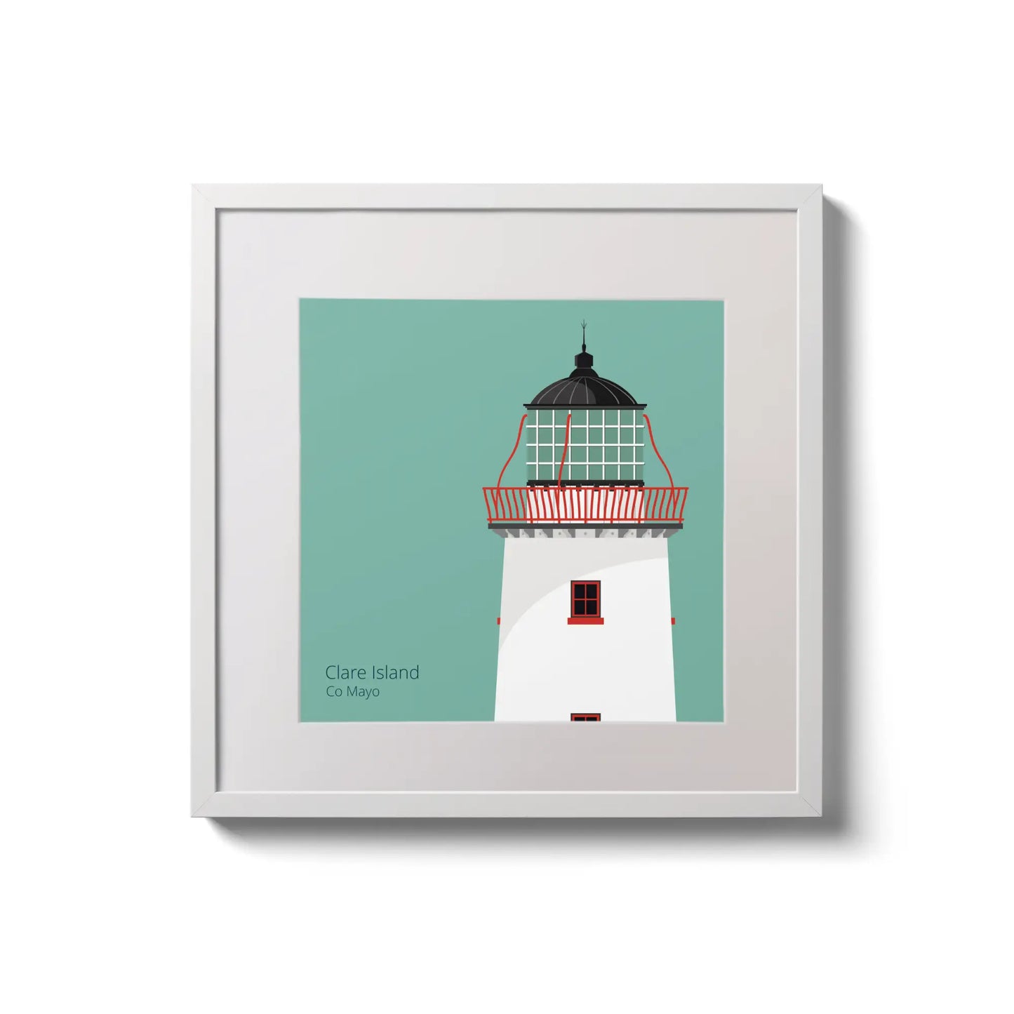 Illustration of Clare Island lighthouse on an ocean green background,  in a white square frame measuring 20x20cm.