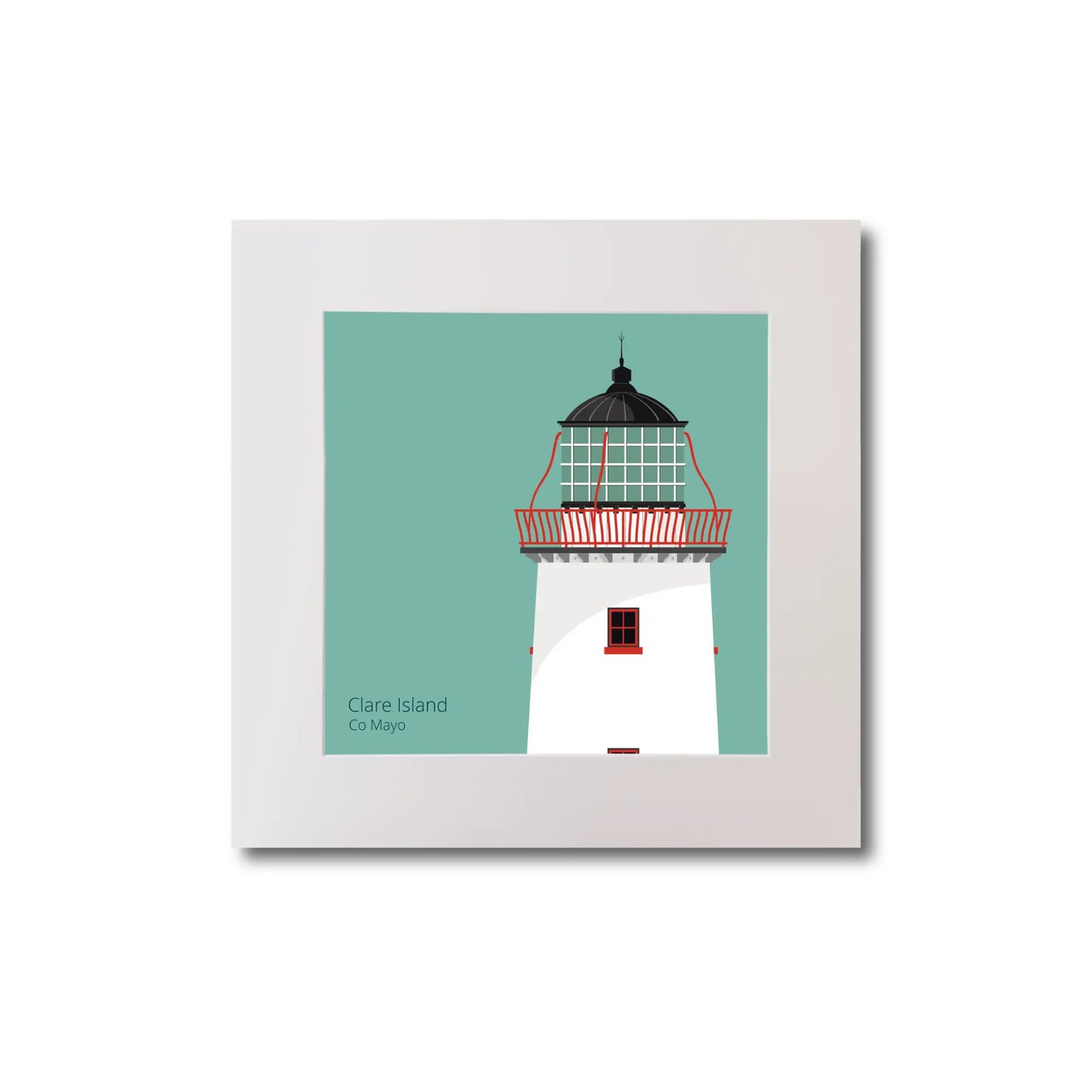 Illustration of Clare Island lighthouse on an ocean green background, mounted and measuring 20x20cm.