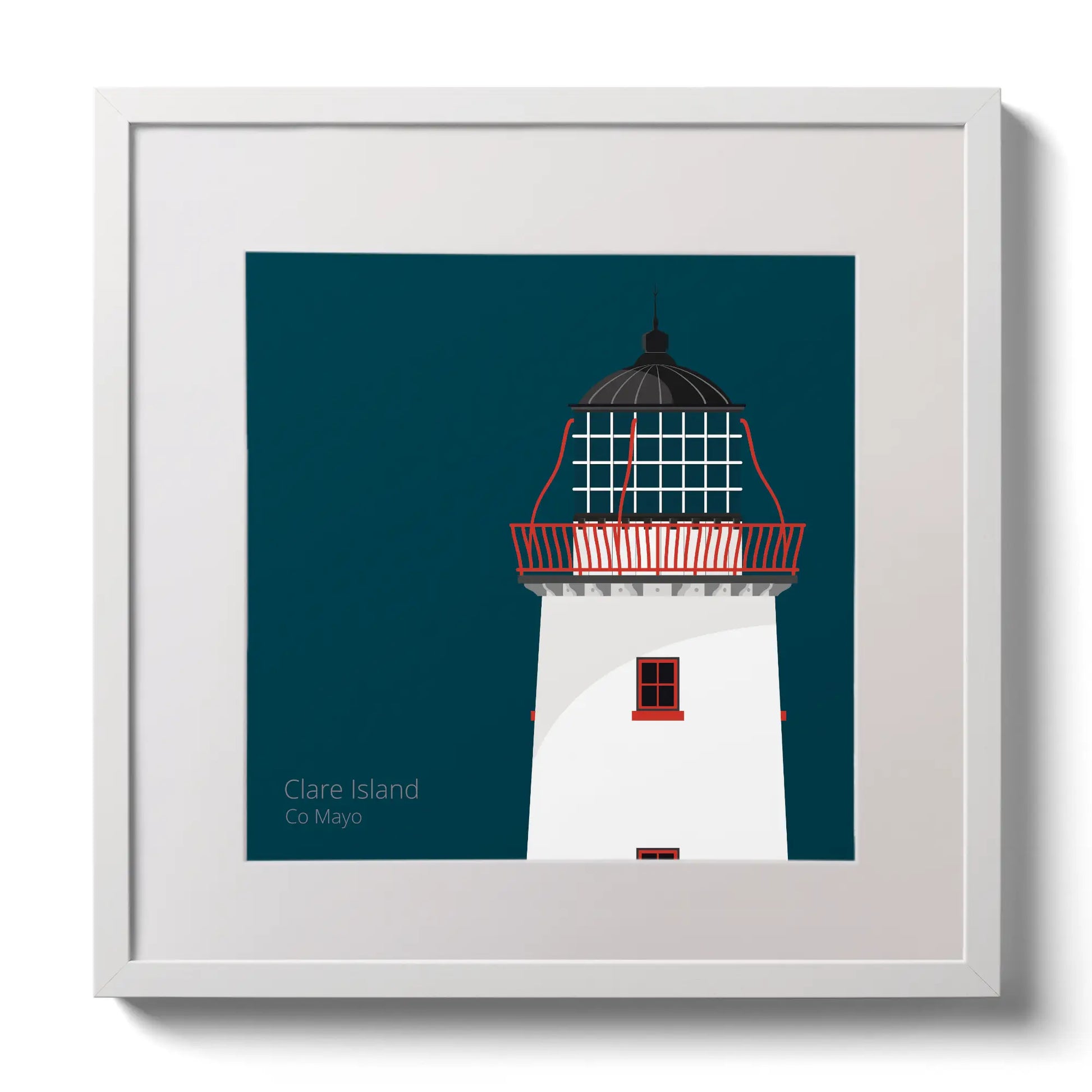 Illustration of Clare Island lighthouse on a midnight blue background,  in a white square frame measuring 30x30cm.