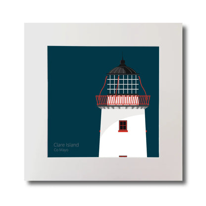 Illustration of Clare Island lighthouse on a midnight blue background, mounted and measuring 30x30cm.