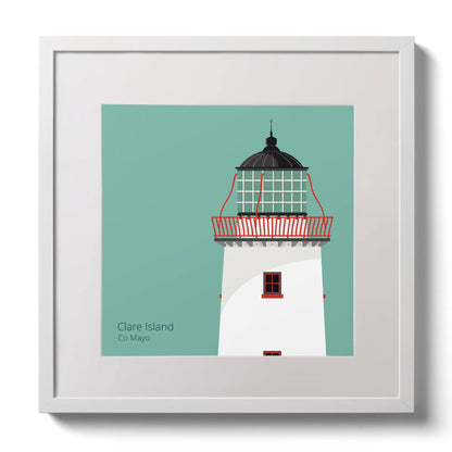 Illustration of Clare Island lighthouse on an ocean green background,  in a white square frame measuring 30x30cm.