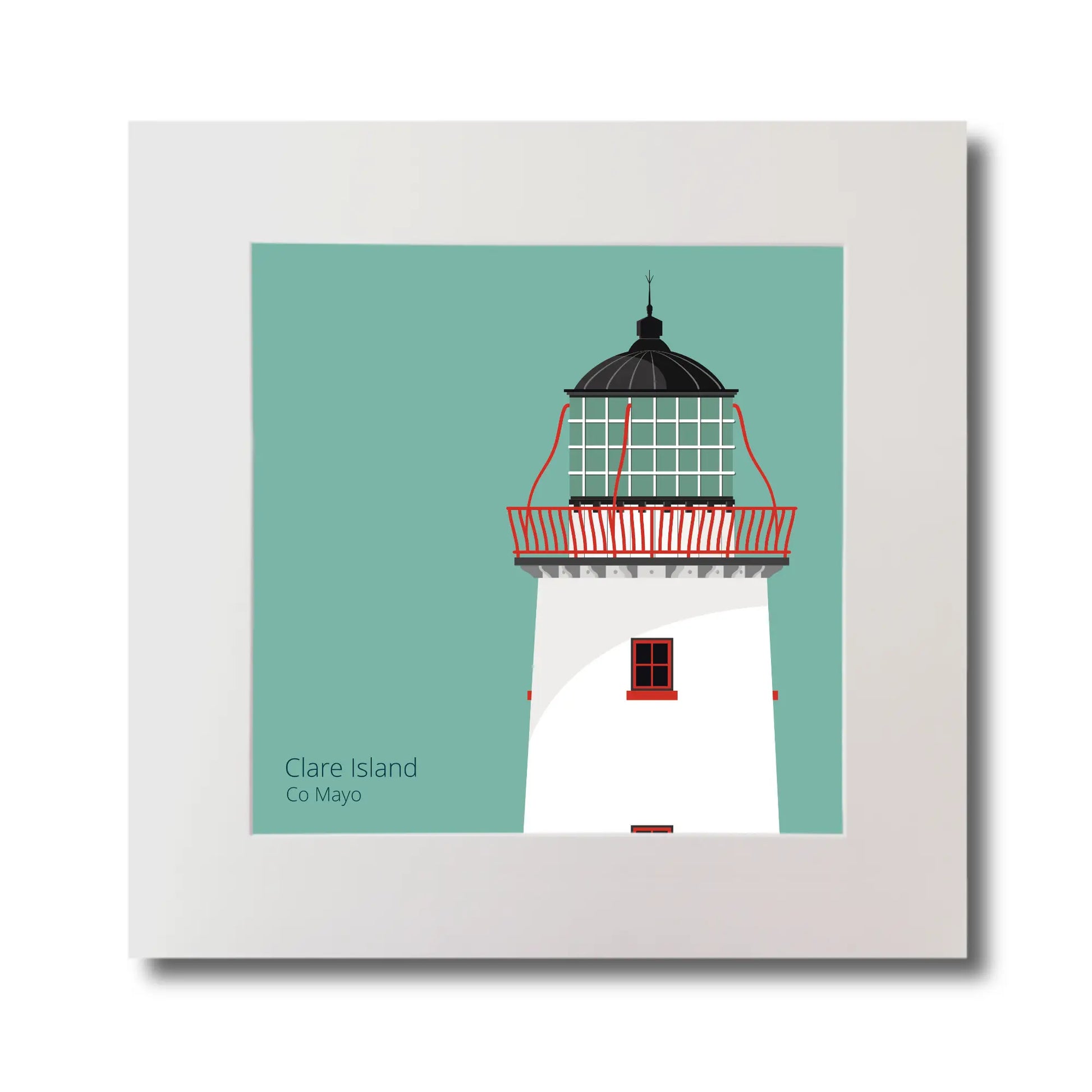 Illustration of Clare Island lighthouse on an ocean green background, mounted and measuring 30x30cm.
