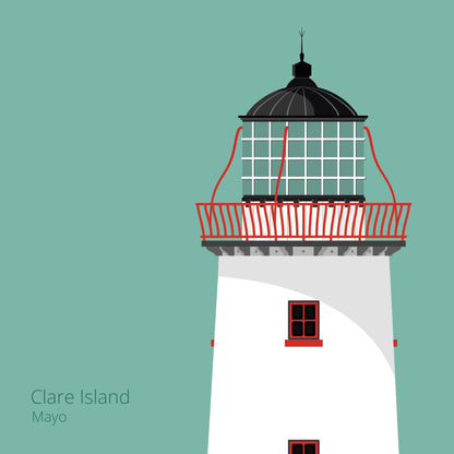 Illustration of Clare Island lighthouse on an ocean green background
