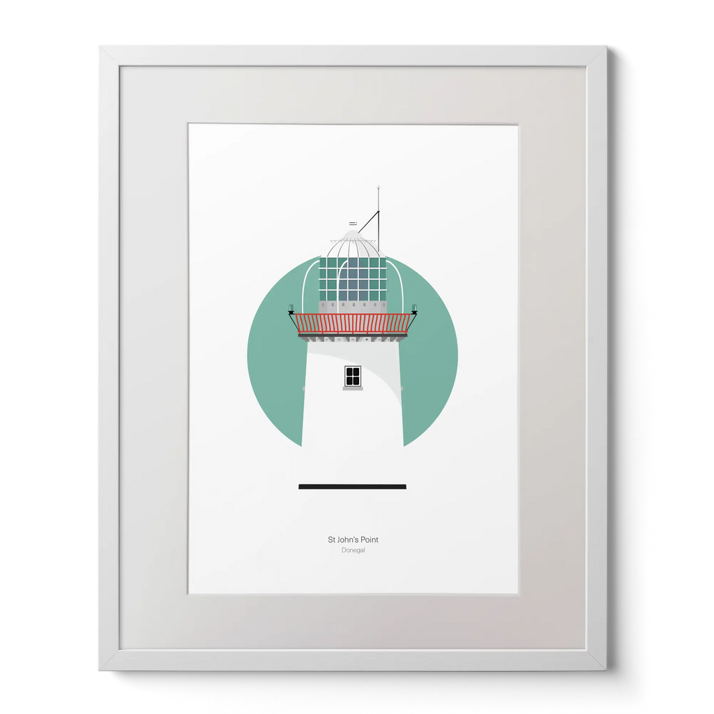 Illustration of St. John's lighthouse on a white background inside light blue square,  in a white frame measuring 40x50cm.