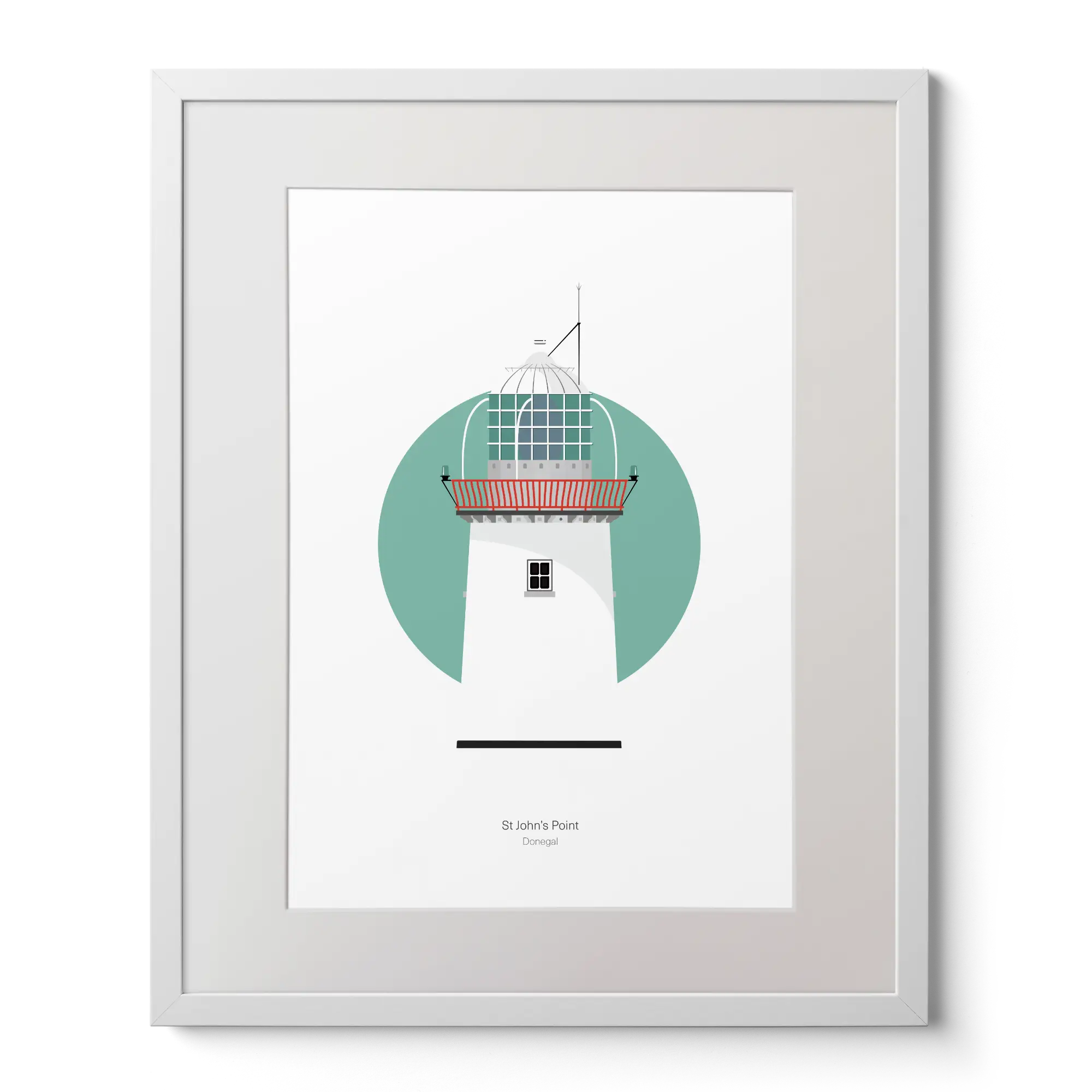 Illustration of St. John's lighthouse on a white background inside light blue square,  in a white frame measuring 40x50cm.