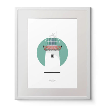 Illustration of St. John's lighthouse on a white background inside light blue square,  in a white frame measuring 40x50cm.