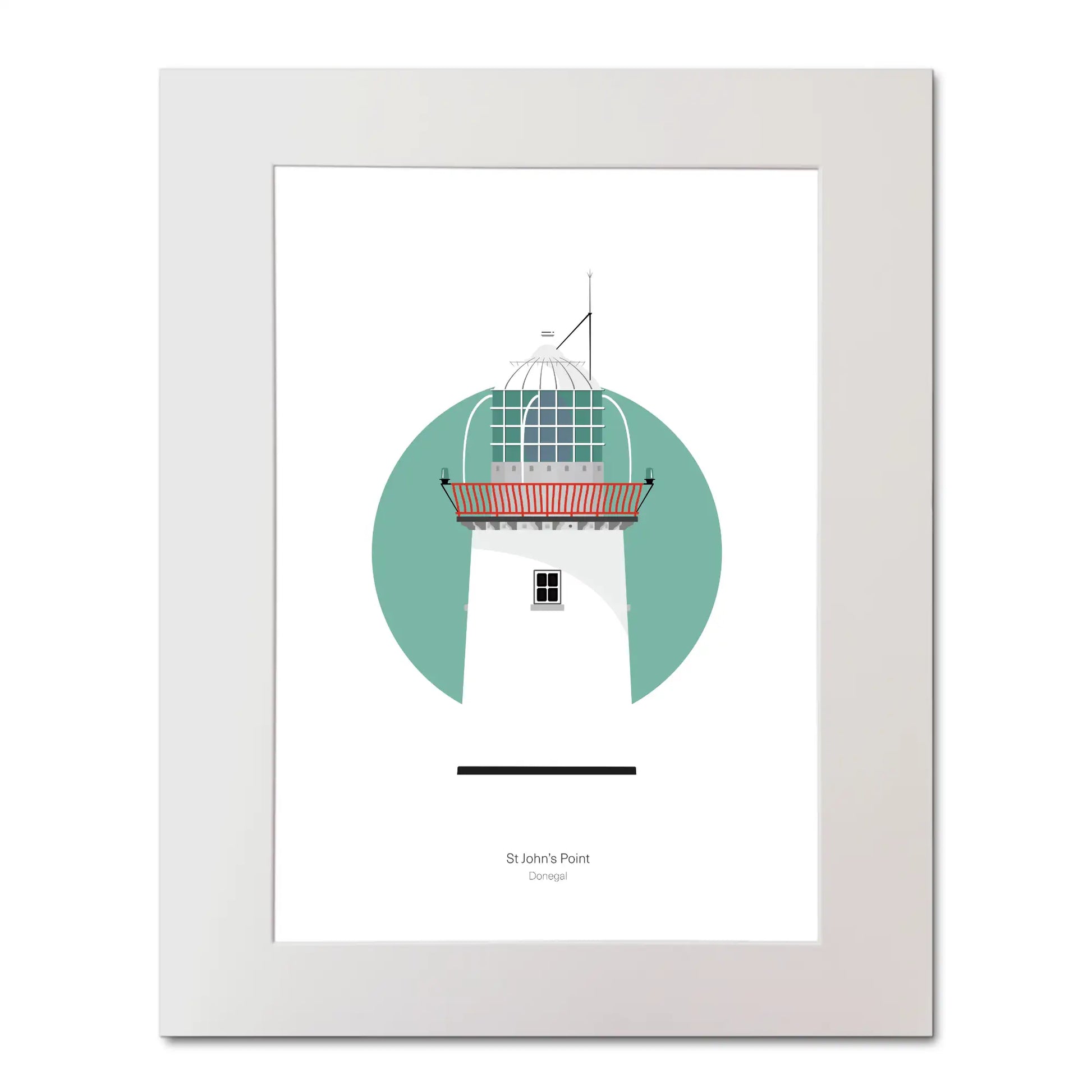 Illustration of St. John's lighthouse on a white background inside light blue square, mounted and measuring 40x50cm.