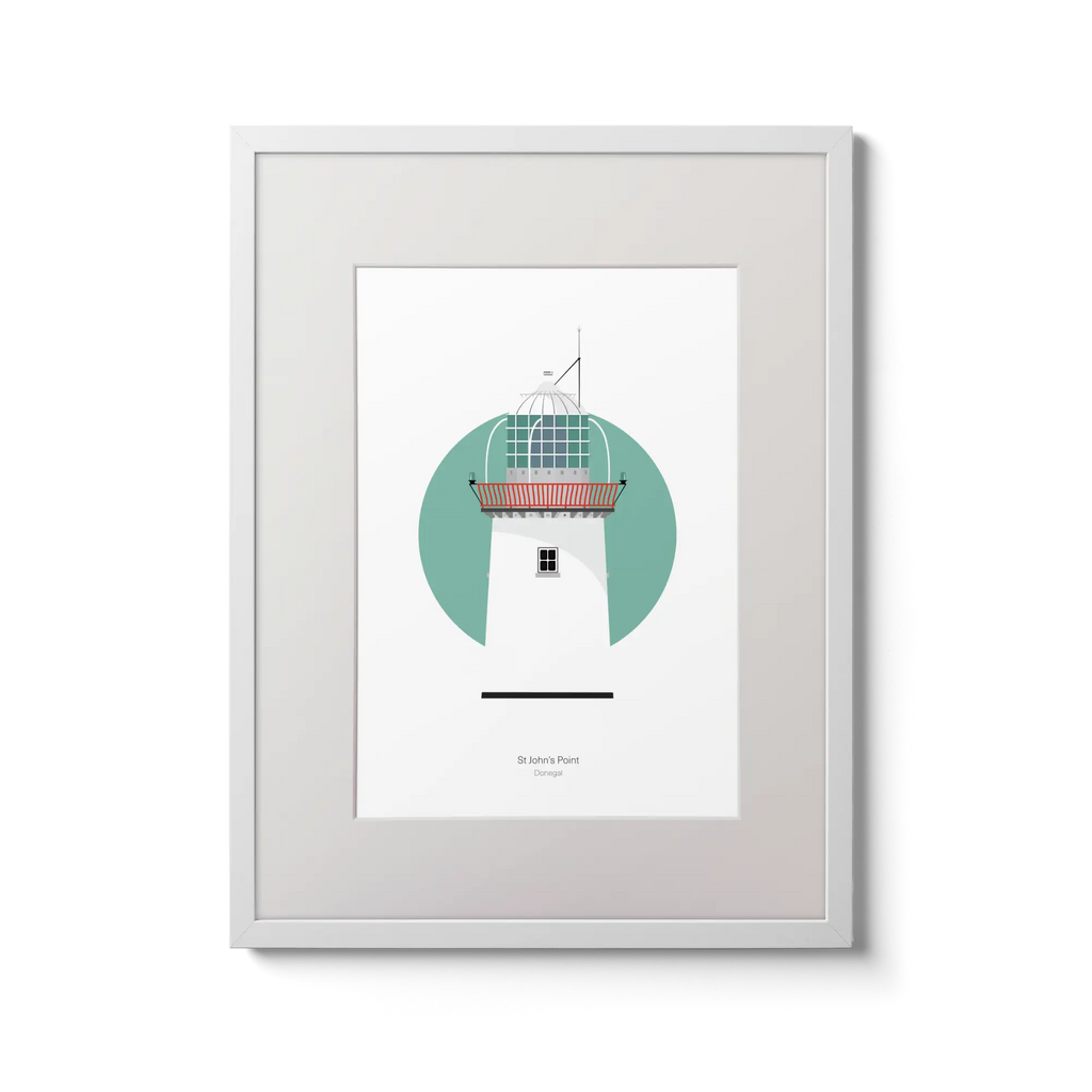 Illustration of St. John's lighthouse on a white background inside light blue square,  in a white frame measuring 30x40cm.