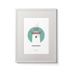 Illustration of St. John's lighthouse on a white background inside light blue square,  in a white frame measuring 30x40cm.