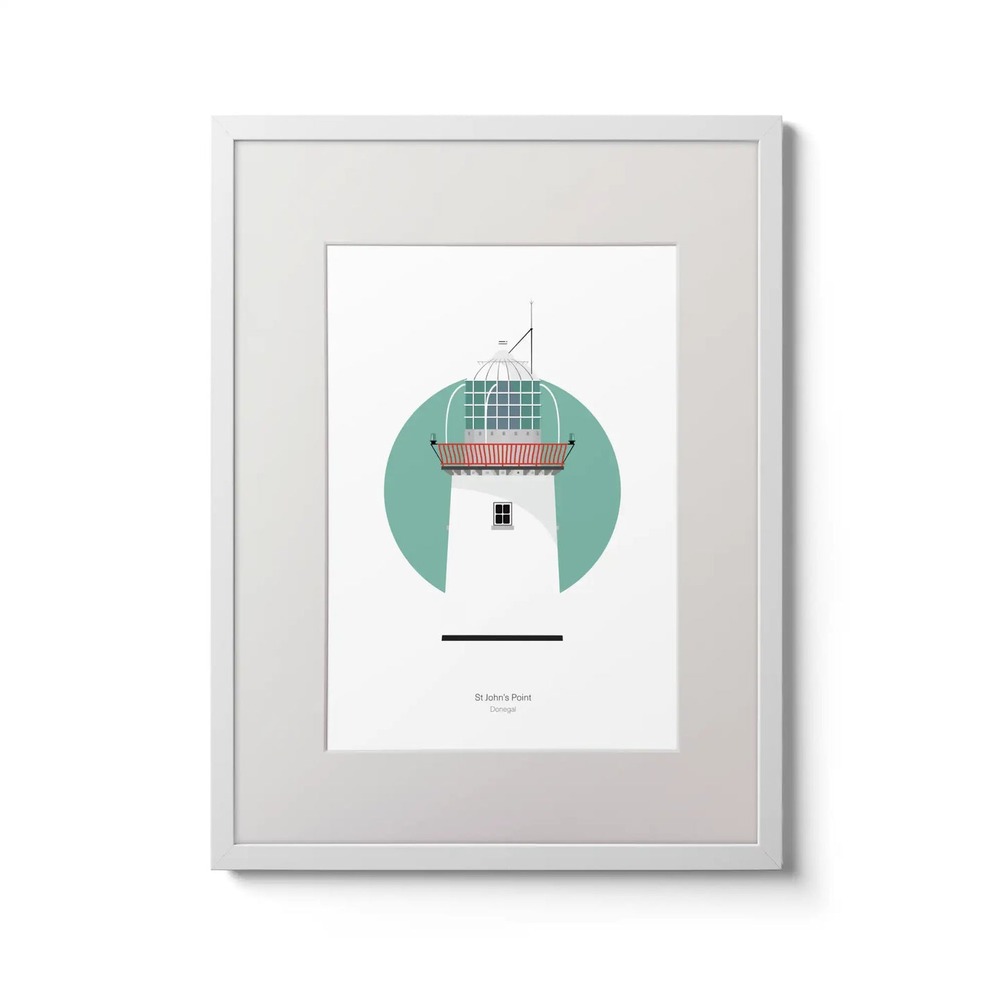 Illustration of St. John's lighthouse on a white background inside light blue square,  in a white frame measuring 30x40cm.