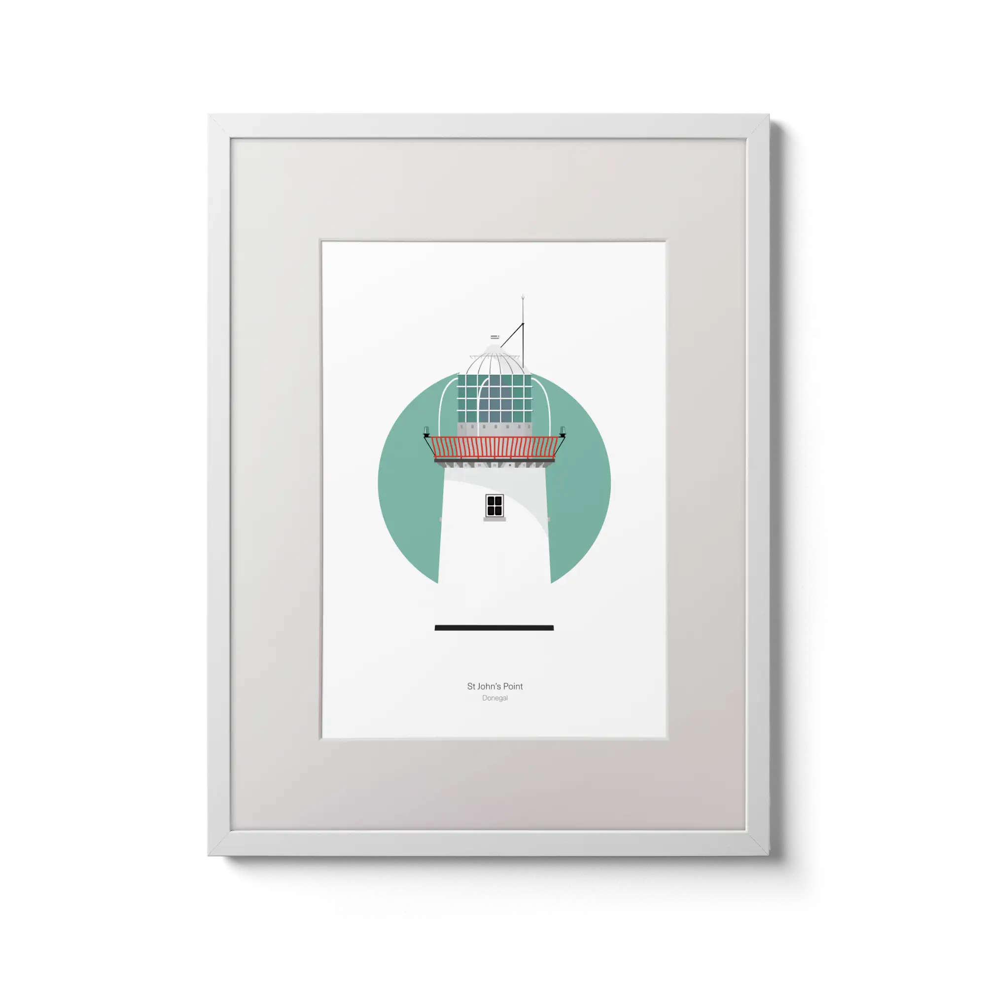 Illustration of St. John's lighthouse on a white background inside light blue square,  in a white frame measuring 30x40cm.