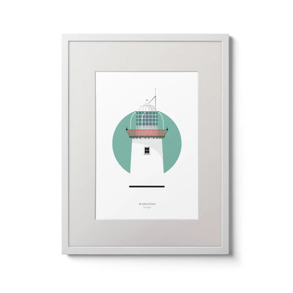 Illustration of St. John's lighthouse on a white background inside light blue square,  in a white frame measuring 30x40cm.