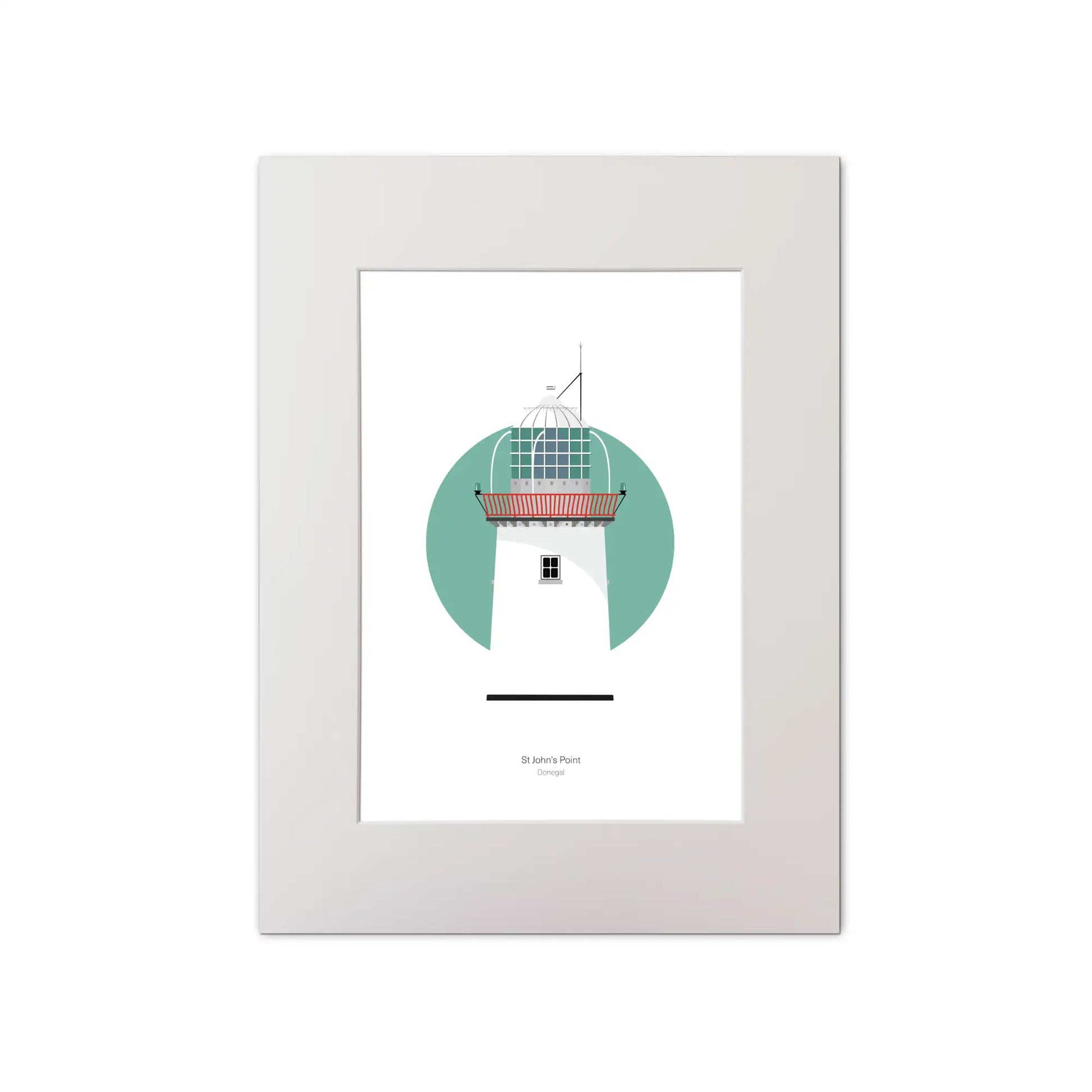 Illustration of St. John's lighthouse on a white background inside light blue square, mounted and measuring 30x40cm.