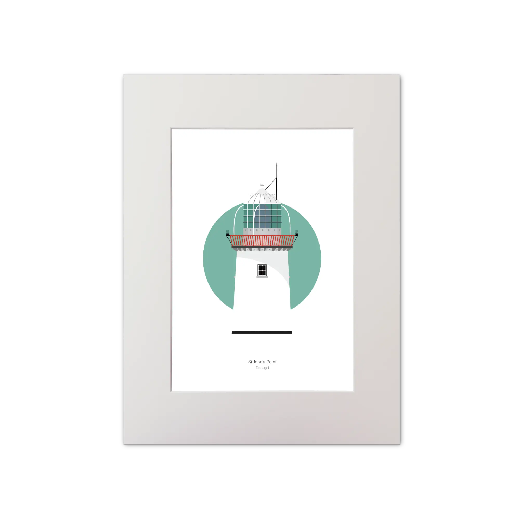 Illustration of St. John's lighthouse on a white background inside light blue square, mounted and measuring 30x40cm.