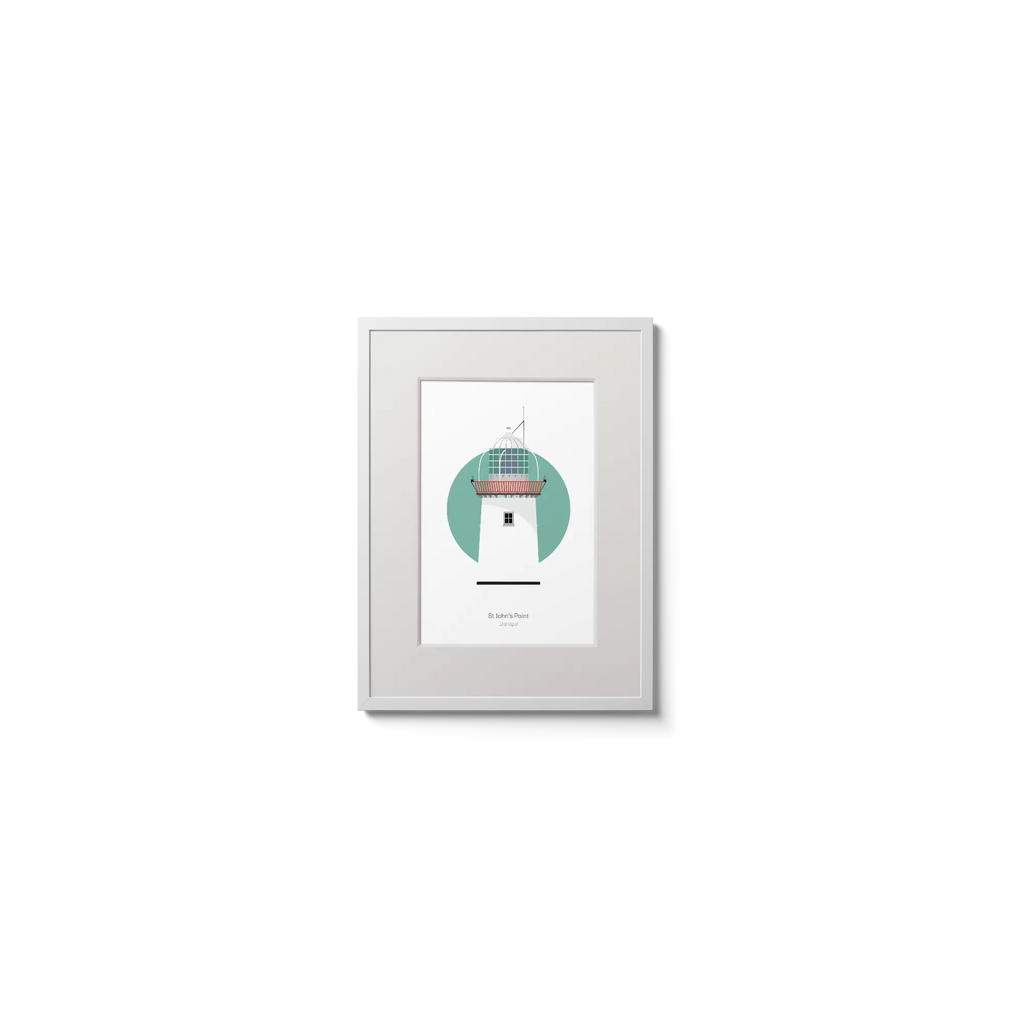 Illustration of St. John's lighthouse on a white background inside light blue square,  in a white frame measuring 15x20cm.