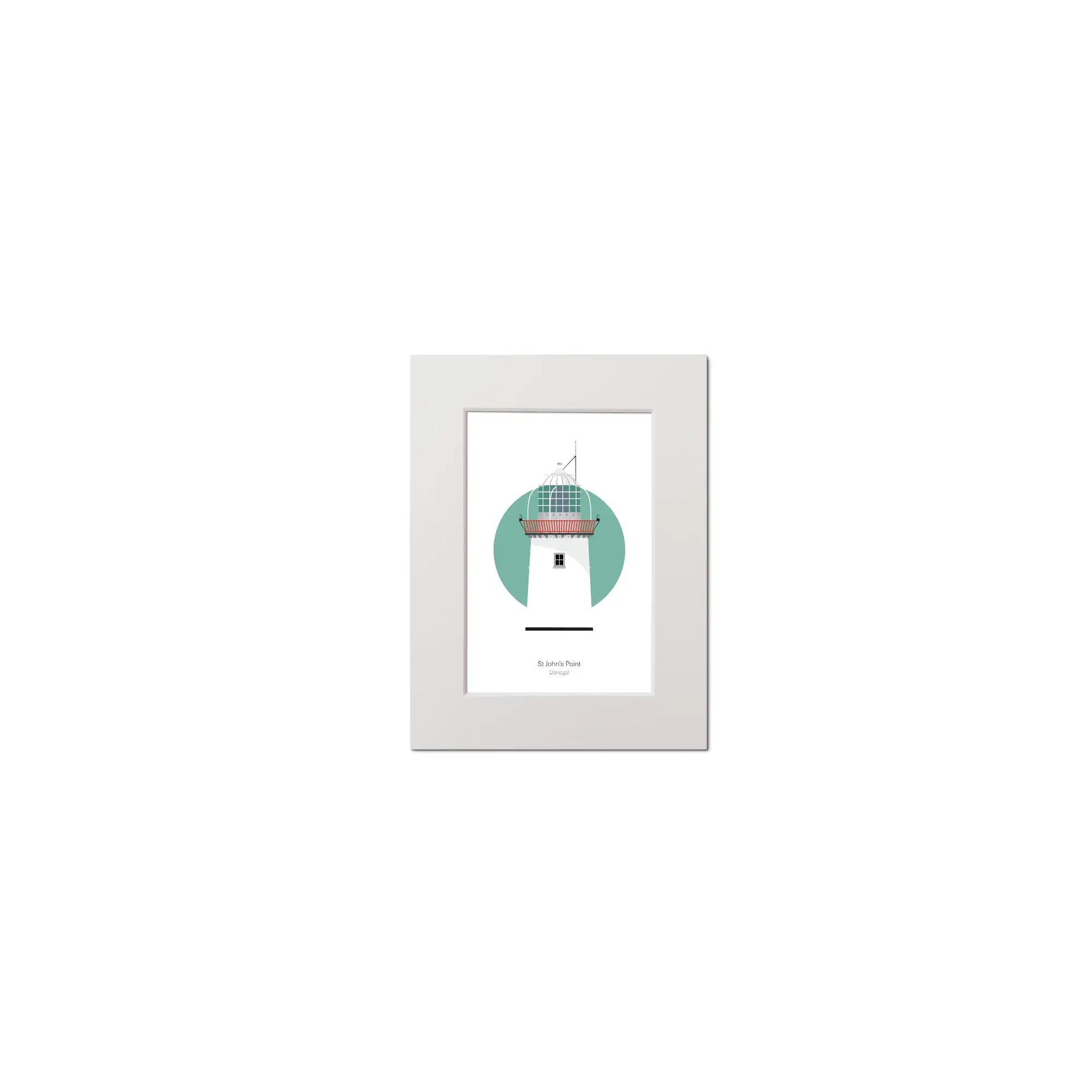 Illustration of St. John's lighthouse on a white background inside light blue square, mounted and measuring 15x20cm.