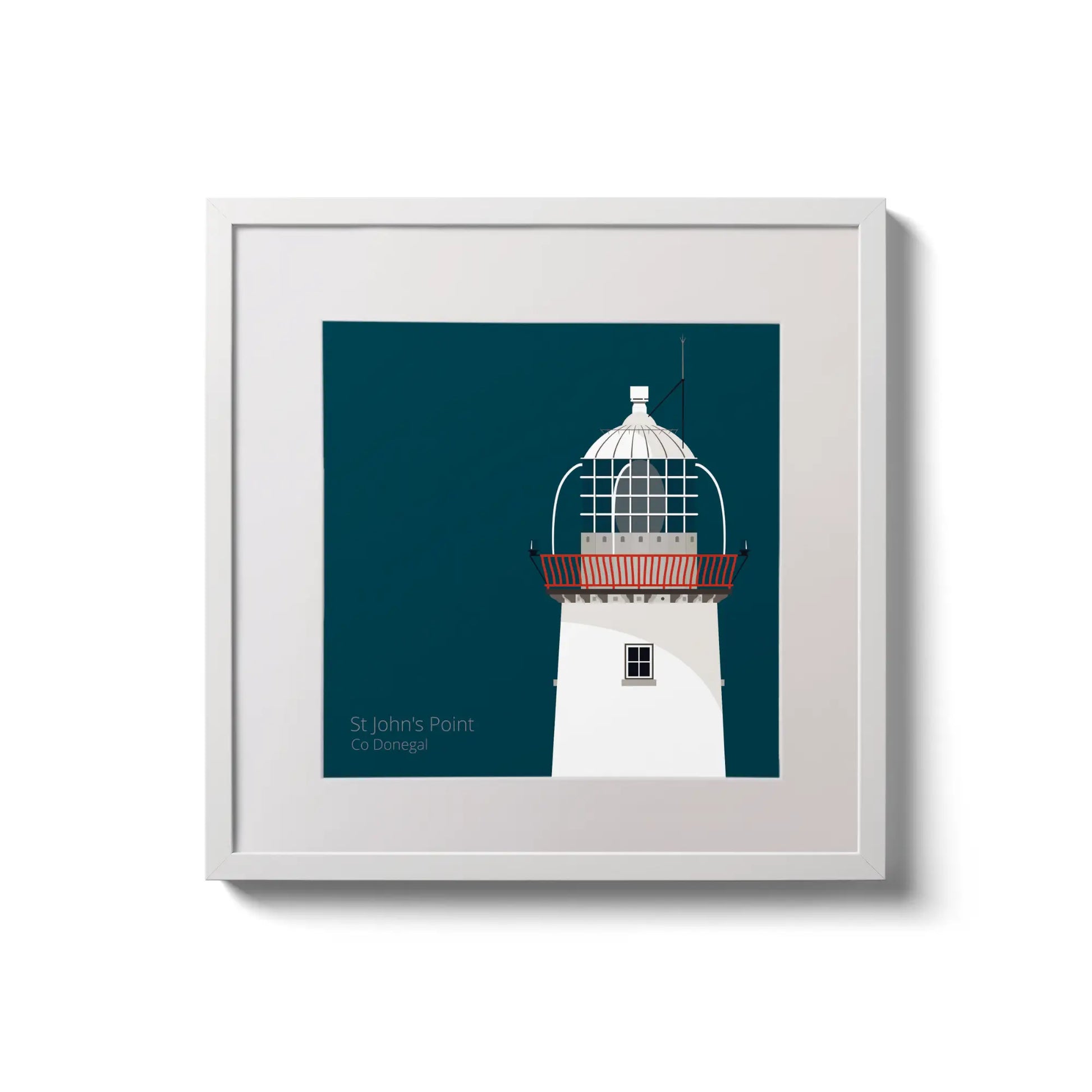 Illustration of St.John's (Donegal) lighthouse on a midnight blue background,  in a white square frame measuring 20x20cm.