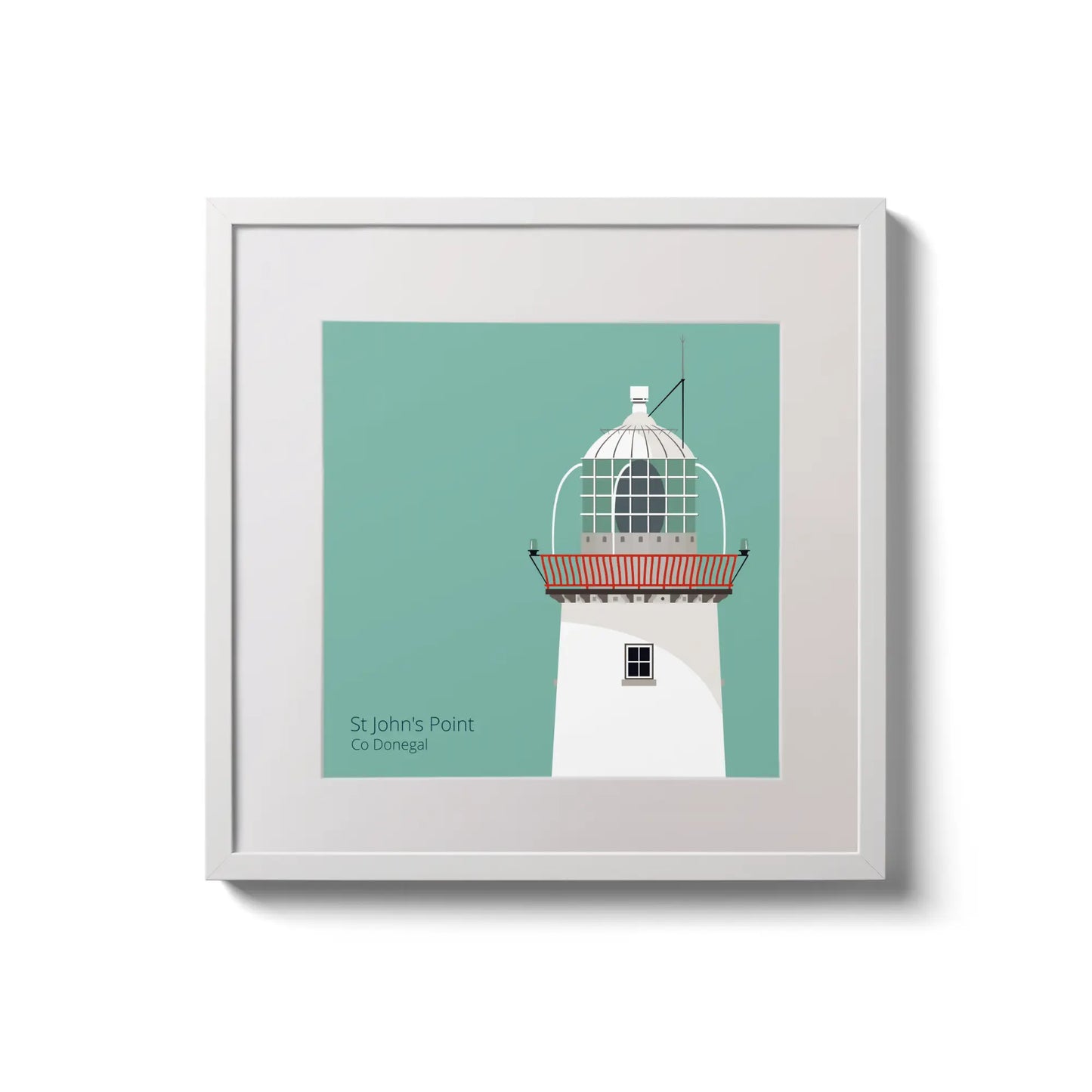 Illustration of St.John's (Donegal) lighthouse on an ocean green background,  in a white square frame measuring 20x20cm.