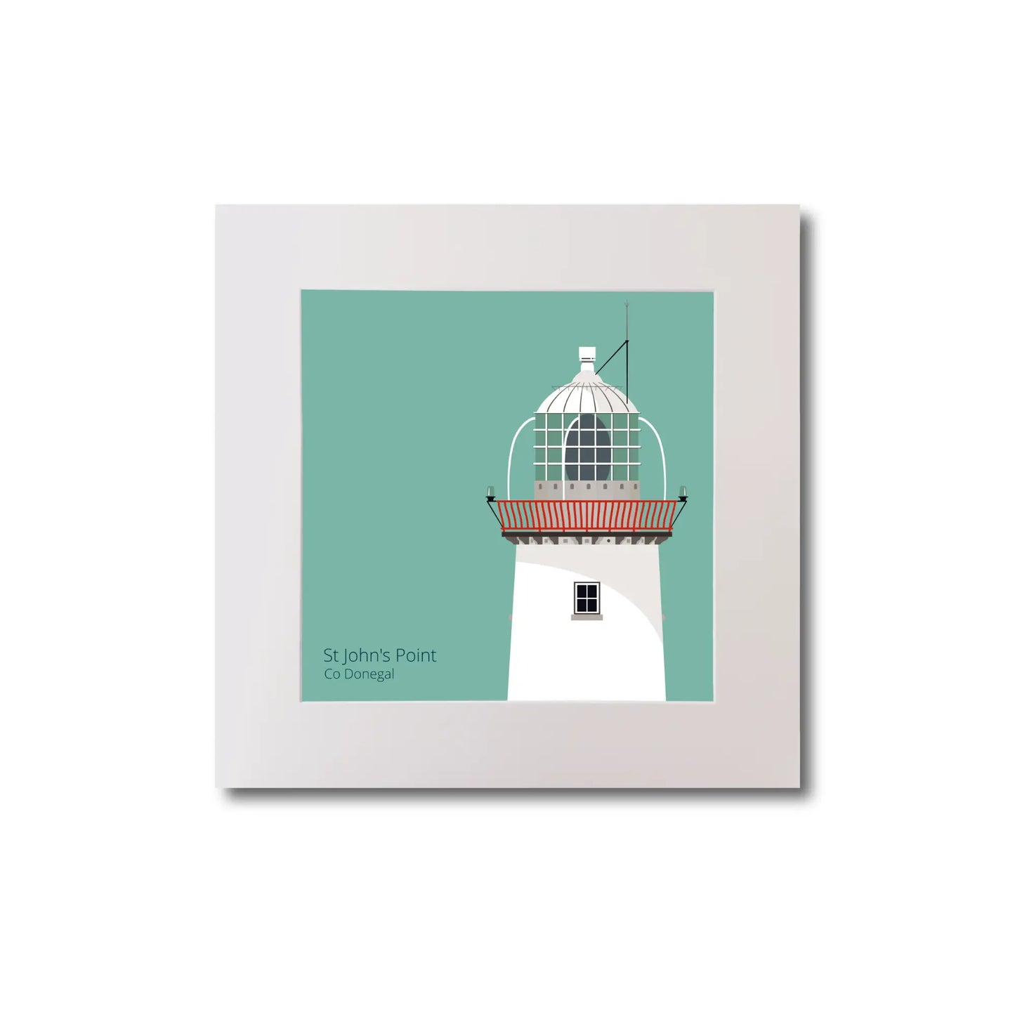 Illustration of St.John's (Donegal) lighthouse on an ocean green background, mounted and measuring 20x20cm.