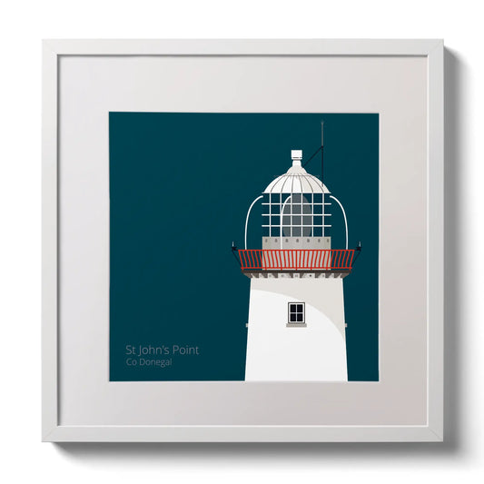 Illustration of St.John's (Donegal) lighthouse on a midnight blue background,  in a white square frame measuring 30x30cm.